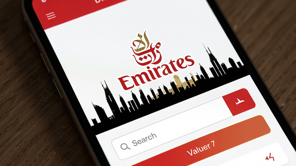 һ���ֻ���ĻչʾEmiratesӦ���������ͼƬ�����������ǰ��������ձ�־�Եĺ�ɫLogo�ͽ�ɫ��������װ�Σ������ǵϰ�����߼�Ӱ���·���ʾ�����������ֵ����ť���������ִ���Լ���Ժ�ɫ��ɫ�ͽ�ɫΪ��ɫ�������������ɾ��޶���Ԫ��
