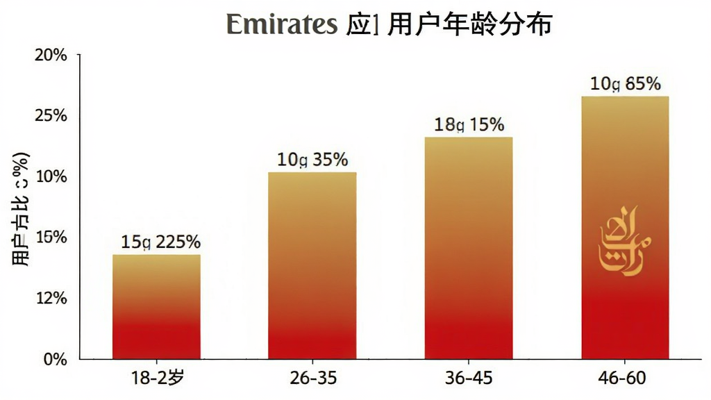 һ����״ͼչʾEmiratesӦ���û�����ֲ�������Ϊ18-25�ꡢ26-35�ꡢ36-45�ꡢ46-60���ĸ�����Σ�����Ϊ�û�ռ�Ȱٷֱȣ���״��ɫΪ���������պ�ɫ�ͽ�ɫ���䣬�����ɾ���ɫ�����ݱ�ǩ�����ɼ������ʸɾ��޶���Ԫ��
