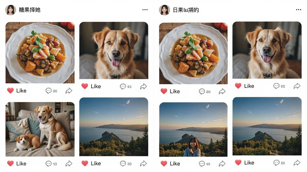 �ǹ����� ��̬�㳡���棬չʾ�û��������ճ�������Ƭ��������ʳ������ͷ羰ͼ��ÿ��ͼƬ�·��е��޺�����ͼ�꣬���沼��Ϊ˫���ٲ��������Ϊ��ܰ�罻�磬ɫ�������������������޶���Ԫ��