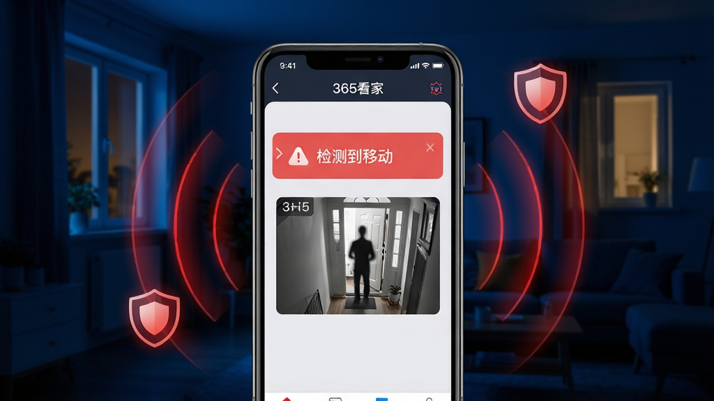 一个夜晚的家庭安防场景,画面中央是一个手机屏幕显示“365看家”App的报警推送界面,屏幕上有一条红色的报警消息提示“检测到移动”,下方附带着一张门口有人影的抓拍小图,手机周围环绕着红色的雷达波纹和盾牌图标,背景是深蓝色的夜晚家居环境,窗户透出微弱的灯光,整体风格科技感强,画质清晰锐利,无多余杂乱元素