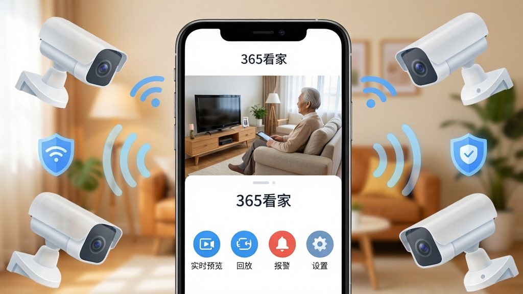 画面中央是一个智能手机屏幕,屏幕里显示着“365看家”应用程序的主界面,界面以白色和蓝色为主色调,上方显示着客厅的实时监控画面,画面里有一位老人坐在沙发上看电视,屏幕下方排列着“实时预览”、“回放”、“报警”、“设置”四个圆形图标,手机周围环绕着几个半透明的监控摄像头、Wi-Fi信号波纹和盾牌安全图标,背景是温馨的家居环境虚化效果,整体风格现代扁平,细节干净清晰,画质明亮通透,无多余文字和杂乱元素
