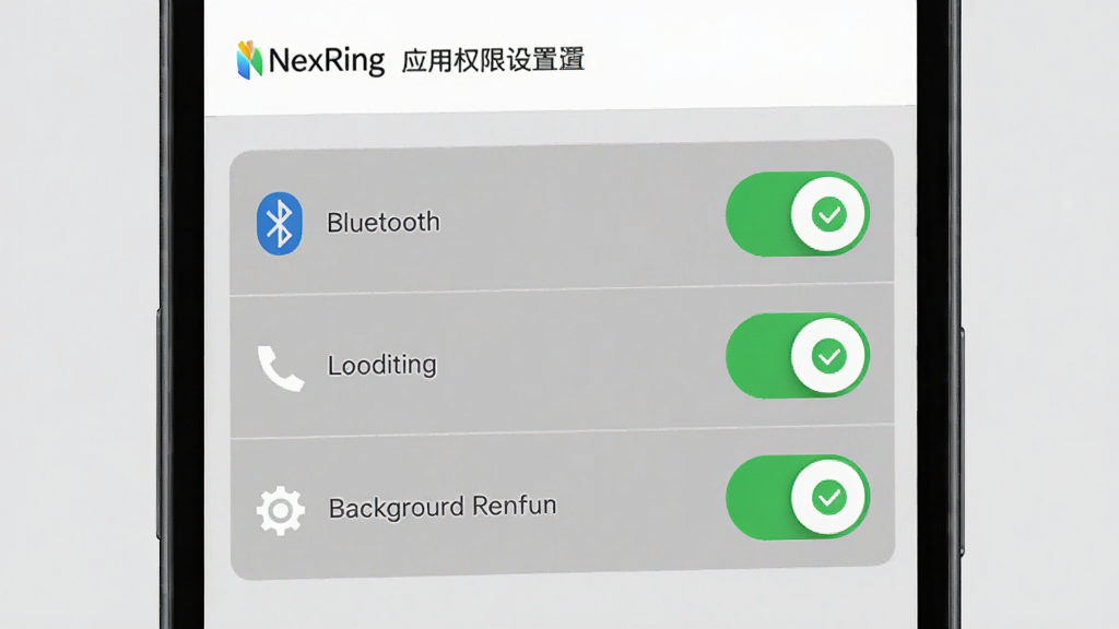 NexRing应用权限设置界面示意图,画面中手机屏幕显示应用权限管理页面,蓝牙、定位、后台运行三个权限开关处于开启状态,旁边有绿色对勾标记,背景为浅灰色,风格简洁明了,画质干净,无多余元素