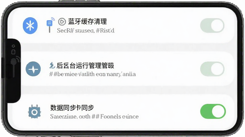 NexRing应用设置界面截图,画面中手机屏幕显示设置菜单,包含蓝牙缓存清理、后台运行管理、数据同步开关等选项,每个选项旁边有简洁的图标,背景为白色,风格现代扁平,画质干净,无多余元素