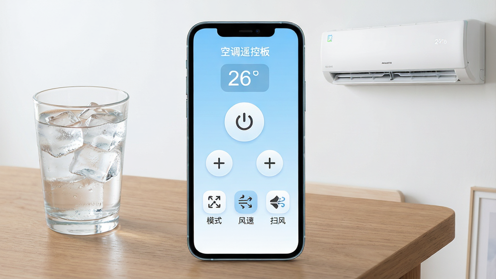 一张手机屏幕展示空调遥控板应用主界面的详细图片,手机放在木质桌面上,旁边有一杯冰水和一台壁挂式空调,手机屏幕中间显示