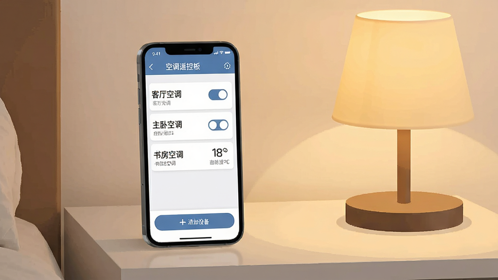 一张展示空调遥控板多设备管理界面的图片,手机屏幕显示