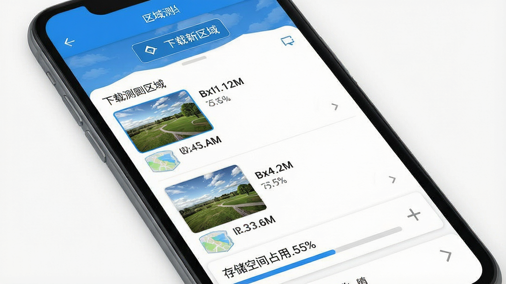 一张手机屏幕展示地图测绘软件离线地图管理界面的图片,画面中显示已下载区域列表,每个区域有缩略图和大小标注,顶部有下载新区域的按钮,底部显示存储空间占用情况,界面风格扁平化,蓝白配色,文字清晰,画质干净无多余元素