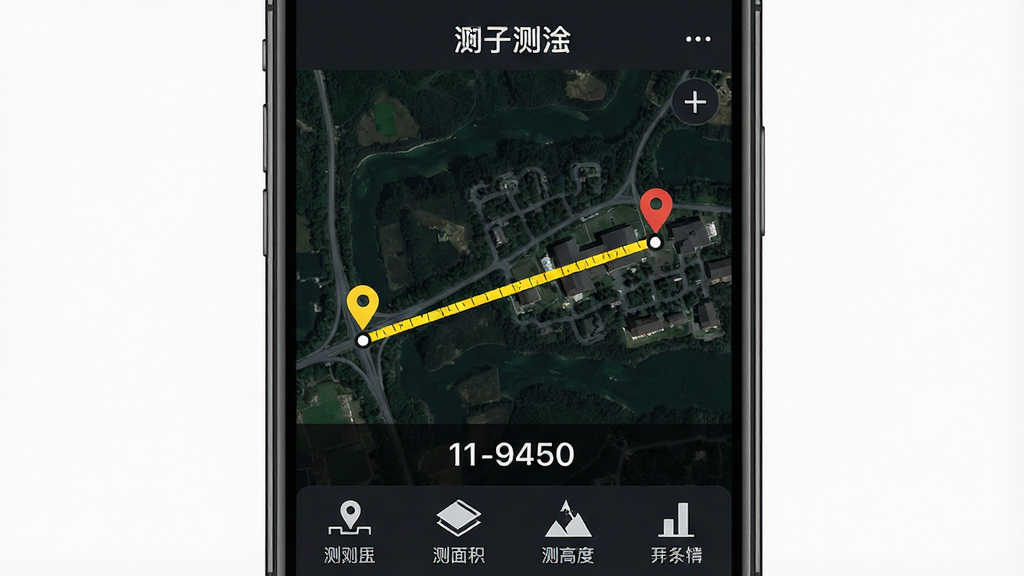 一张手机屏幕展示地图测绘软件主界面的图片,画面中央是深色系卫星地图底图,地图上有一条黄色测量线连接两个定位点,下方显示距离数值,界面顶部有地图测绘四个字的文字标识,底部工具栏排列着测距、测面积、测高度等图标按钮,整体风格简洁专业,画质清晰,无多余元素