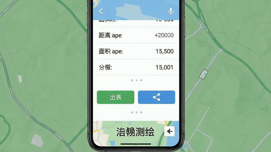 一张手机屏幕展示地图测绘软件测量结果导出界面的图片,画面中显示测量数据列表包含距离和面积数值,下方有导出为表格和分享按钮,界面底部有地图测绘文字标识,整体风格简洁,文字清晰,画质干净无多余元素