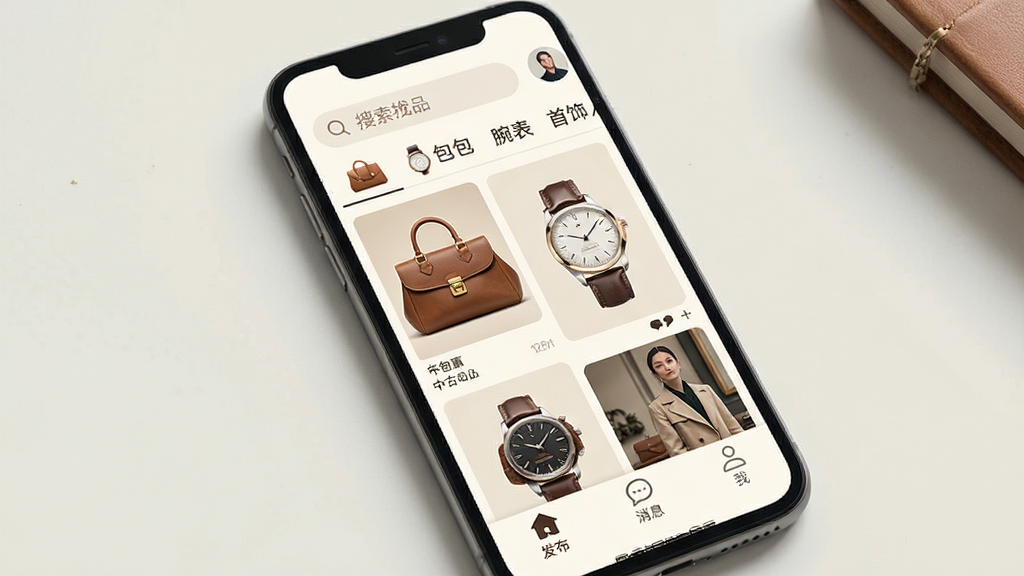 中古优品App首页界面展示,画面主体是一部智能手机,屏幕上显示着中古优品应用的主页,顶部有搜索栏和分类标签如箱包、腕表、首饰,中间是商品瀑布流展示,包含复古包包和手表的高清图片,底部有发布、消息、我的三个导航按钮,整体布局清晰,排版简洁,风格现代复古融合,细节精致,画质干净,无多余元素