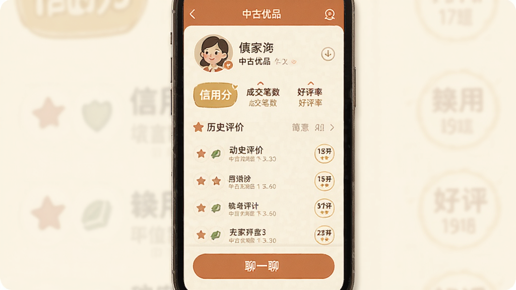中古优品卖家主页信用展示,手机屏幕显示中古优品App的卖家个人主页,顶部是卖家头像和昵称,下方有信用分标识、成交笔数、好评率,中间是历史评价列表,底部是“聊一聊”按钮,界面风格温暖复古,排版整洁,细节清晰,画质干净,无多余元素