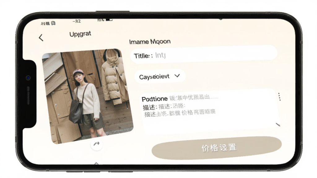 中古优品发布商品界面,手机屏幕显示中古优品App的商品发布页面,包含图片上传区域、标题输入框、分类选择器、描述文本框和价格设置栏,界面以浅色为主,按钮圆润,排版清晰,风格简约实用,画质干净,无多余元素