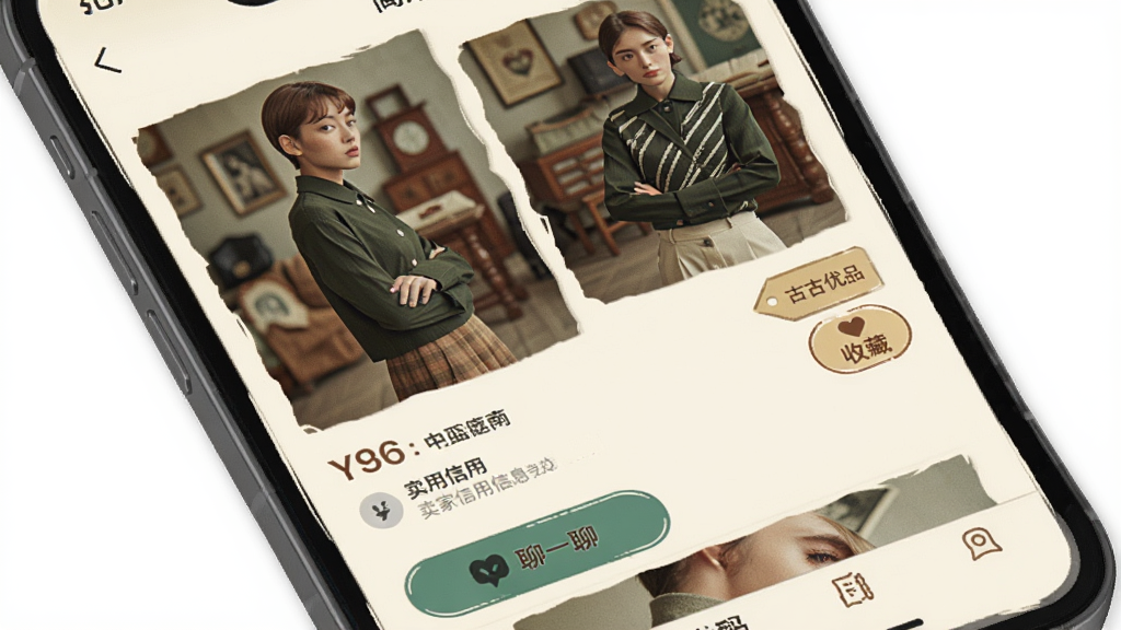 中古优品移动端操作界面,手机屏幕显示中古优品App的商品详情页,包含多张商品实拍图、价格标签、卖家信用信息、聊一聊按钮和收藏按钮,界面布局清晰,排版合理,风格复古现代,细节精致,画质干净,无多余元素