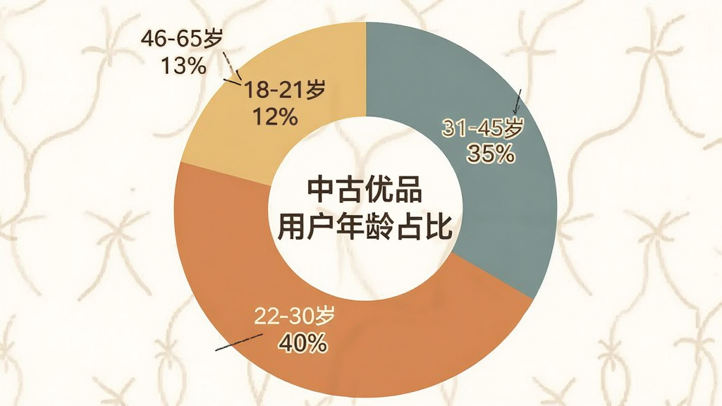 中古优品用户年龄分布饼状图,图表中心显示“中古优品用户年龄占比”,饼图分为四个扇区,分别标注“18-21岁 12%”“22-30岁 40%”“31-45岁 35%”“46-60岁 13%”,配色温暖复古,图表清晰,排版整洁,风格简洁商务,画质干净,无多余元素