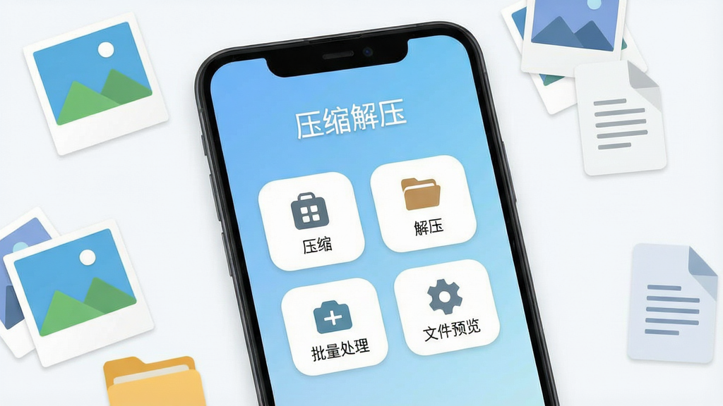 一张展示手机文件管理场景的图片,画面中央是一部安卓手机,手机屏幕上显示“压缩解压”软件的主界面,界面顶部有“压缩解压”四个字,中间排列着压缩、解压、批量处理、文件预览四个功能按钮,按钮图标简洁圆润,背景是浅蓝色渐变,手机周围散落着几张照片图标和文档图标,表示各种文件类型,整体风格现代扁平,画质干净清晰,无多余元素。
