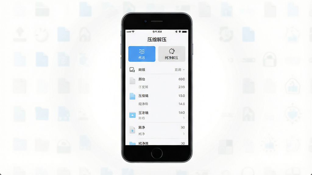 一张展示“压缩解压”软件无广告纯净界面的图片,画面中央是一部手机,手机屏幕显示软件主界面,界面干净整洁,只有功能按钮和文件列表,没有任何广告横幅或弹窗,背景是纯白色,手机周围有淡淡的光晕效果,突出“纯净”的感觉,整体风格极简现代,画质清晰,无多余元素。