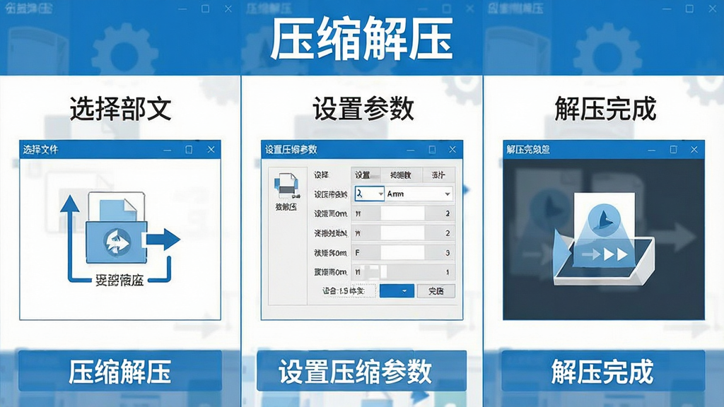 一张展示“压缩解压”软件操作步骤的图片,画面分为三个部分,从左到右依次是:选择文件界面、设置压缩参数界面、解压完成界面,每个界面都有清晰的中文标注,顶部有“压缩解压”字样,整体采用扁平化设计风格,配色以蓝色和白色为主,画质干净,无多余元素。
