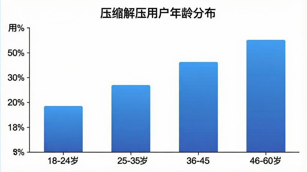 一张展示不同年龄段用户使用“压缩解压”软件占比的柱状图,横轴标注年龄段分为18-24岁、25-35岁、36-45岁、46-60岁,纵轴标注用户占比百分比,柱状图颜色为蓝色渐变,图表标题为“压缩解压用户年龄分布”,背景白色,画质干净,无多余元素。