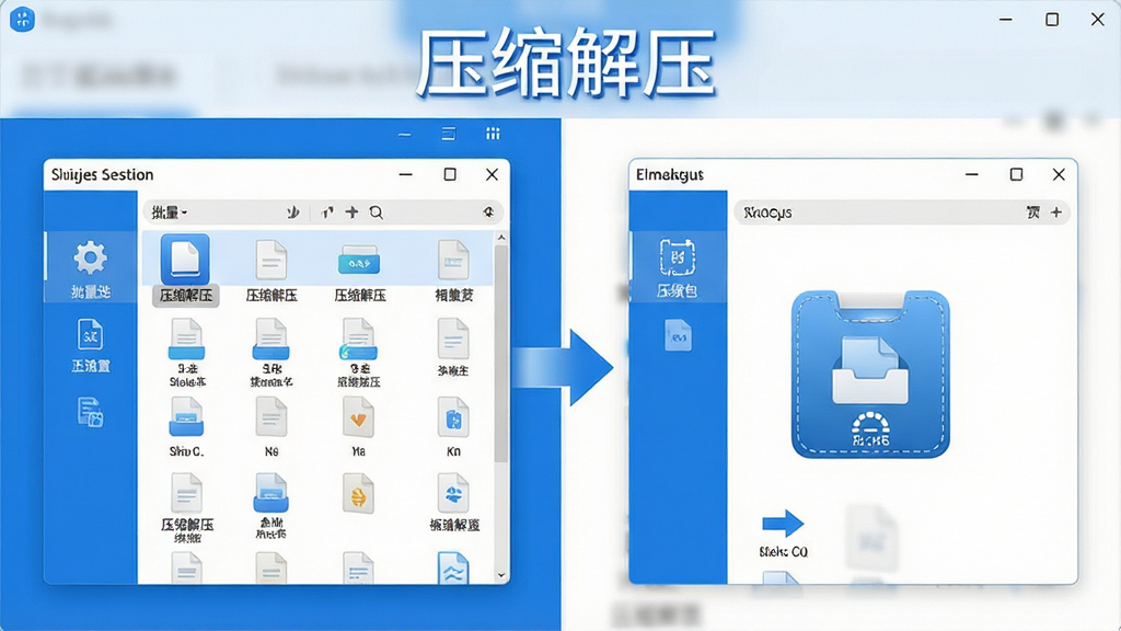 一张展示“压缩解压”软件功能界面的图片,画面采用分屏布局,左侧显示批量选中多个文件的列表界面,右侧显示压缩包内文件预览的界面,中间用箭头连接表示操作流程,顶部有“压缩解压”字样,整体配色为蓝白相间,图标清晰,文字标签明确,风格简洁现代,画质干净,无多余装饰元素。