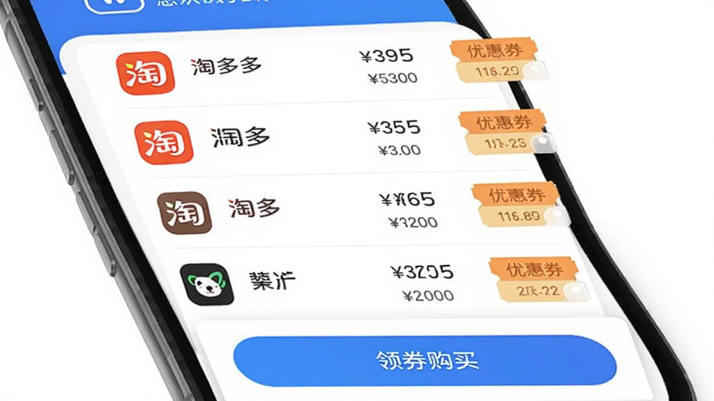 �Զ��APP����չʾ����Ļ��������Ʒ�ȼ��б��������ʾ��ͬ����ƽ̨ͼ�꣬�Ҳ���ʾ��Ӧ�۸���Ż�ȯ��ǩ���ײ��С���ȯ���򡱰�ť����������ˬ��࣬������ɫ�����ʸɾ��޶���Ԫ��