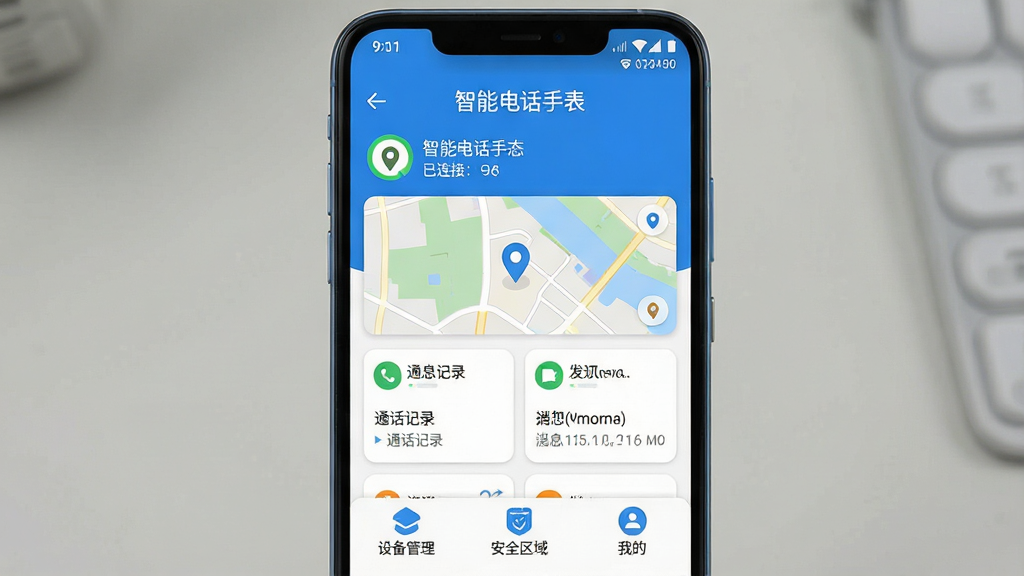 一张展示智能电话手表手机应用主界面的详细图片,画面中央是一部安卓手机,手机屏幕上显示着“智能电话手表”APP的界面,主界面布局清晰,顶部显示设备连接状态为已连接,中间有定位地图缩略图、通话记录和消息通知卡片,底部是设备管理、安全区域和我的三个选项卡。整体风格现代简洁,蓝白配色为主,图标圆润,画质干净清晰,无多余元素,文字标签明确,应用名称“智能电话手表”在屏幕顶部醒目显示。