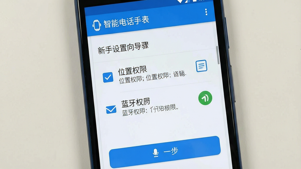 一张展示智能电话手表应用新手设置向导界面的图片,画面中一部安卓手机屏幕上显示着权限设置步骤,包含位置权限和蓝牙权限的开启提示,界面有清晰的勾选框和下一步按钮,配色为蓝白相间,风格简洁明了,顶部显示“智能电话手表”应用名称,画质干净,无多余元素。