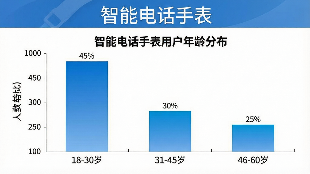 一张展示智能电话手表用户年龄分布的柱状图图片,图表标题为“智能电话手表用户年龄分布”,横轴标注年龄段18-30岁、31-45岁、46-60岁,纵轴标注人数占比百分比,柱状图显示31-45岁占比最高为45%,46-60岁占比30%,18-30岁占比25%,配色为蓝色渐变,图表风格简洁专业,背景干净,无多余元素,“智能电话手表”字样在图表顶部显示。