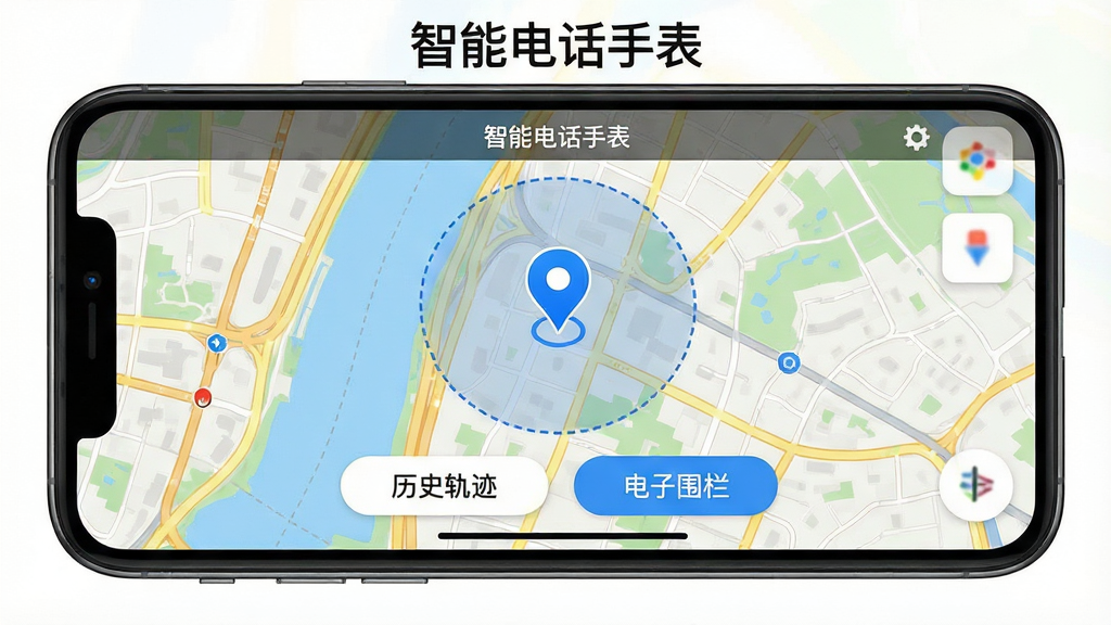 一张展示智能电话手表应用实时定位功能的图片,画面中一部手机横屏显示,屏幕上是一张城市地图,地图上有一个蓝色的定位图标标记着当前位置,周围有安全区域的虚线圆圈,地图下方有“历史轨迹”和“电子围栏”的按钮。整体风格写实,地图细节清晰,界面设计直观,色彩鲜明但不过于花哨,画质干净,无多余元素,“智能电话手表”字样在界面顶部显示。
