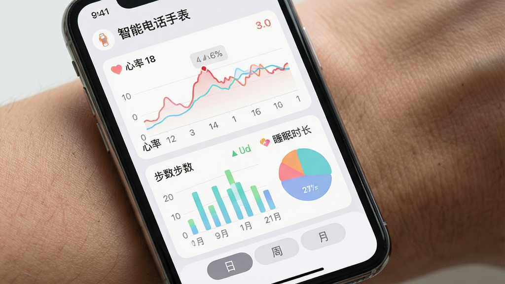 一张展示智能电话手表应用健康数据监测界面的图片,画面中一部手机竖屏显示,屏幕上用图表展示着心率曲线、步数柱状图和睡眠时长饼图,数据清晰可见,配色柔和,界面设计简洁现代,图表下方有“日”、“周”、“月”的切换标签,顶部显示“智能电话手表”应用名称,整体画质干净,无多余元素。