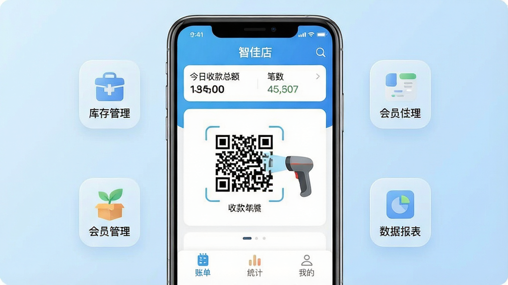 一张展示“智佳店”APP核心功能的手机界面合成图。画面中央是一部现代智能手机,屏幕显示“智佳店”应用主界面,顶部显示今日收款总额和笔数,中间是醒目的收款二维码和扫码枪图标,底部有账单、统计、我的三个选项卡。手机周围漂浮着几个半透明的功能图标:库存管理、会员管理、数据报表。背景是干净的浅蓝色渐变,风格现代扁平,细节圆润,画质清晰干净,无多余元素。