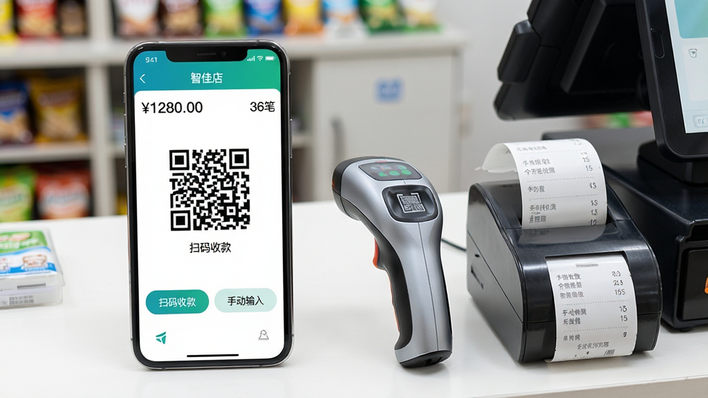 一张展示“智佳店”APP收银界面的图片。画面主体是一部手机,屏幕显示“智佳店”的收款页面,中间是一个大而清晰的收款二维码,下方有“扫码收款”和“手动输入”两个按钮,顶部有今日收款总额“1280.00”和笔数“36笔”。手机旁边有一台小型蓝牙扫码枪和一台热敏打印机正在出小票。背景是便利店收银台场景,风格写实明亮,画质干净,无多余元素。