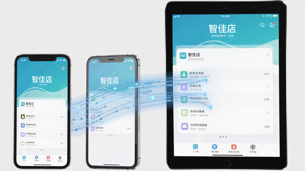 一张展示“智佳店”APP多设备协同的图片。画面中央是两部手机和一台平板电脑,屏幕上都显示“智佳店”的界面,设备之间用半透明的数据流线条连接,表示同步。背景是简洁的浅灰色,风格科技现代,画质干净,无多余元素。