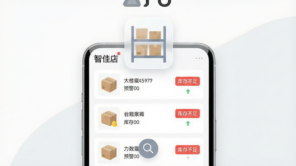 一张展示“智佳店”APP库存管理界面的图片。画面是一部手机,屏幕显示商品列表,每个商品有名称、库存数量和预警状态,部分商品显示红色“库存不足”标签。手机上方悬浮一个半透明的仓库货架图标,下方有一个放大镜图标表示搜索功能。背景是简洁的白色和浅灰色,风格现代扁平,画质清晰干净,无多余元素。