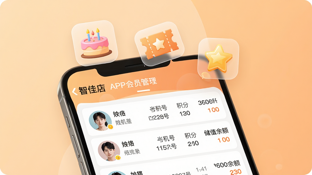 一张展示“智佳店”APP会员管理界面的图片。画面是一部手机,屏幕显示会员列表,每个会员有头像、姓名、手机号、积分和储值余额。手机上方漂浮着几个半透明的图标:生日蛋糕、优惠券、积分星星。背景是暖色调的浅橙色渐变,风格温馨现代,画质干净,无多余元素。