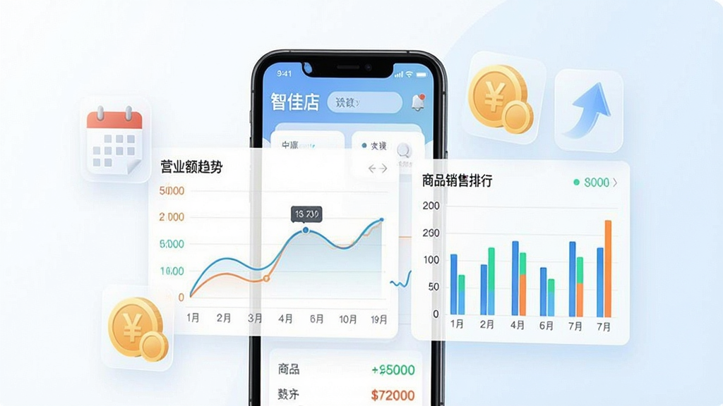 一张展示“智佳店”APP数据统计界面的图片。画面是一部手机,屏幕显示营业额趋势折线图和商品销售排行柱状图,图表颜色清晰,数据标签明确。手机旁边漂浮着几个半透明的图标:日历、钱币、上升箭头。背景是干净的白色和淡蓝色,风格现代商务,画质清晰干净,无多余元素。