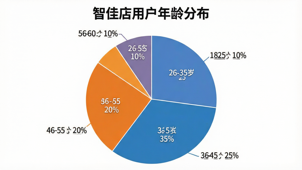 一张展示“智佳店”用户年龄分布的饼状图。图表标题为“智佳店用户年龄分布”,饼图分为五个扇区:18-25岁占10%,26-35岁占25%,36-45岁占35%,46-55岁占20%,56-60岁占10%。每个扇区颜色不同,标签清晰。背景为白色,风格简洁商务,画质干净,无多余元素。