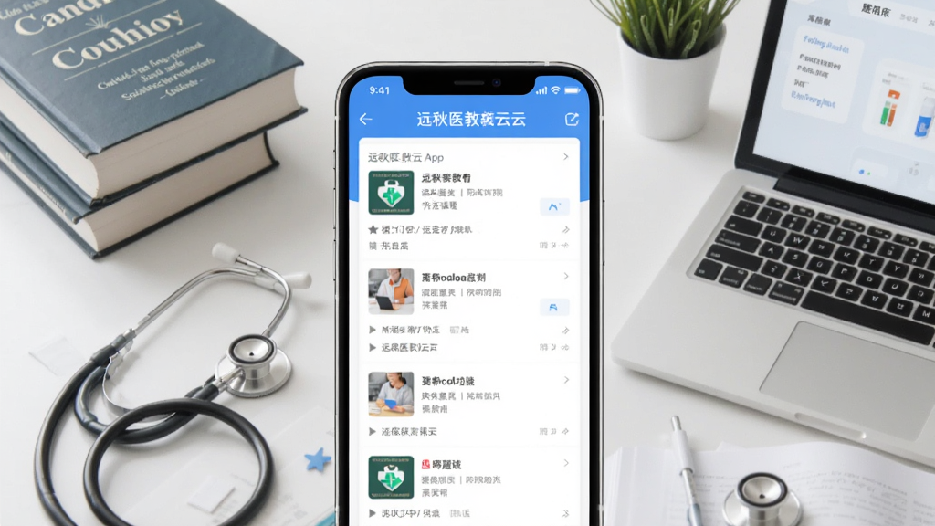 һ��չʾԶ��ҽ����app���Ĺ��ܵĺϳ�ͼƬ�������������ֻ���Ļ����Ļ����ʾԶ��ҽ���ƵĿγ��б��������棬��Χ������ҽѧ�鼮�����������ʼǱ����Ե�ѧϰԪ�أ����岼�������������������ϸ�ڸɾ������ʸ����޶���Ԫ��