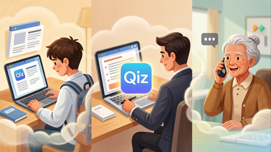 һ�����QizӦ�öೡ��ʹ�õĲ廭�����������ʾһ��ѧ����Qiz�����ϣ��м���ʾһ���ϰ�����Qizд�İ����Ҳ���ʾһ��������Qiz�������죬��������ͨ����͵��ƶ��������ӣ������Ƿ���ġ�Qiz��ͼ�꣬�����ܰ�Ƽ��У�ϸ�ڷḻ�������������ɾ��޶���Ԫ��