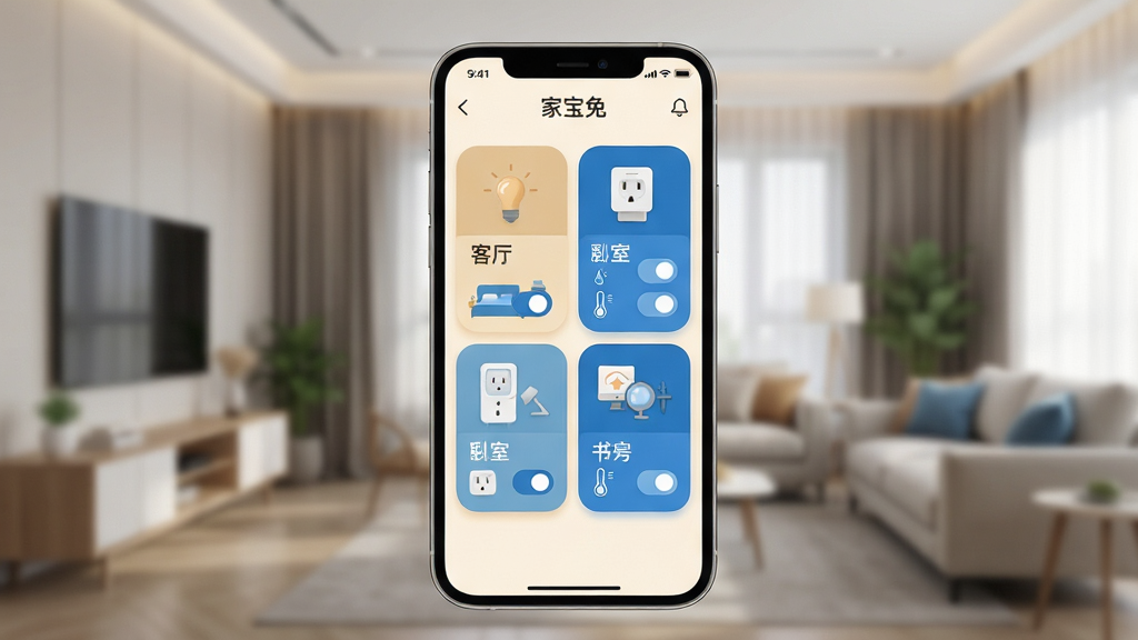 �ұ������ܼҾӿ��ƽ���ȫòչʾ������������һ�������ֻ�����Ļ����ʾ�żұ���App����ҳ�����ְ������������ҡ��鷿�������俨Ƭ��ÿ����Ƭ�ﶼ�����ܵ��ݡ���������ʪ�ȴ������Ŀ���״̬����������ů���װ�ɫ�ͿƼ���Ϊ��ɫ����ͼ��Բ�󣬷���ִ���ƽ�����ʸɾ��������޶���Ԫ�أ��������黯���ִ��Ҿӻ���