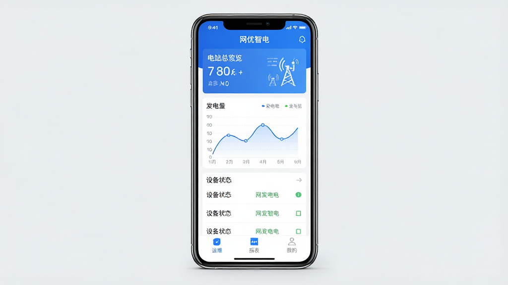 一张展示网优智电手机应用主界面的图片,画面中央是手机屏幕,屏幕内显示网优智电APP的首页,顶部有电站总览卡片,中间是发电量曲线图和设备状态列表,底部有运维、报表、我的三个选项卡,界面风格简洁现代,以蓝白配色为主,背景是干净的浅灰色,画质清晰,无多余元素