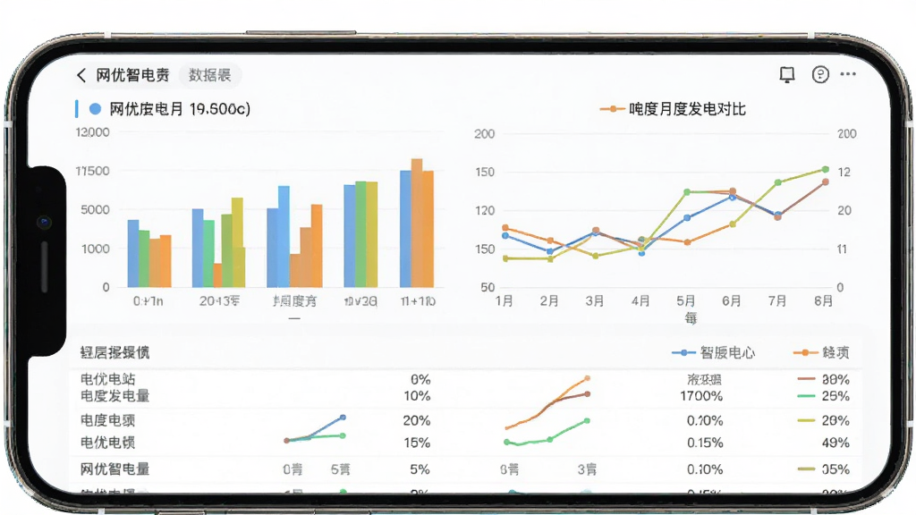 网优智电APP的数据报表页面,手机屏幕上显示柱状图和折线图,展示不同电站的月度发电量对比,图表颜色鲜明,下方有数据明细列表,界面风格现代,背景干净,画质清晰,无多余元素