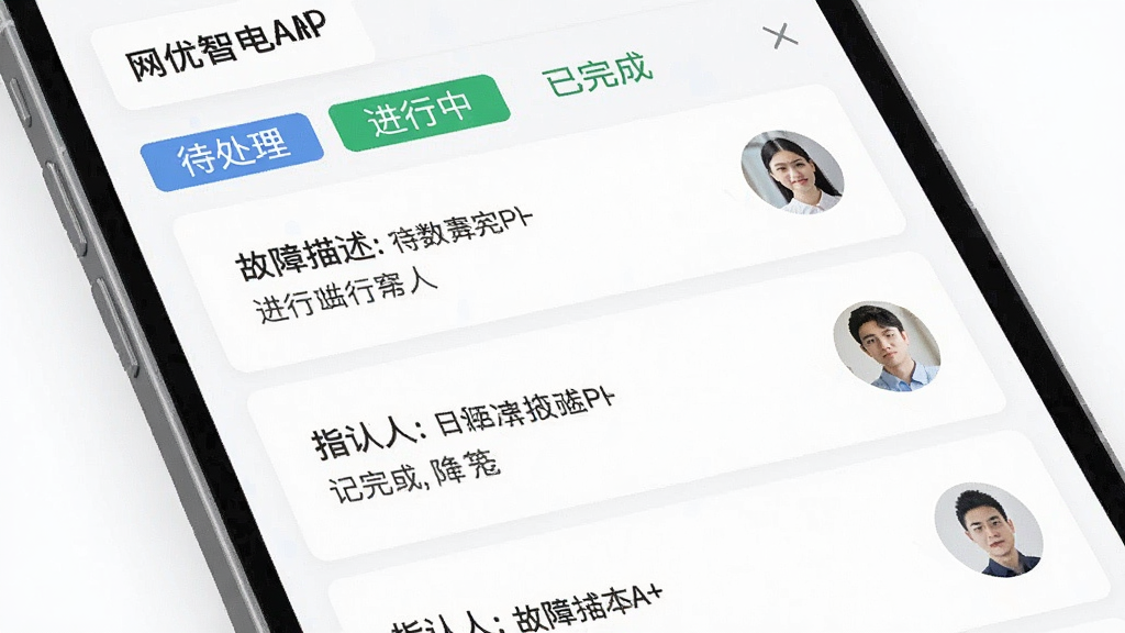网优智电APP的工单管理界面截图,屏幕中展示工单列表,有“待处理”“进行中”“已完成”等状态标签,每个工单卡片上有故障描述和指派人头像,界面配色清爽,文字清晰,风格扁平化,画质干净,无多余元素