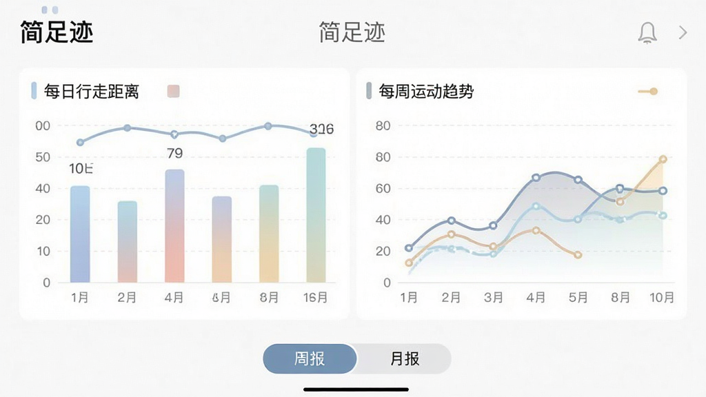 一张展示“简足迹”App数据统计页面的图片,屏幕上显示着柱状图和折线图,分别代表每日行走距离和每周运动趋势,图表配色柔和,数据清晰,界面底部有“周报”、“月报”切换按钮,整体风格简洁专业,画质干净无多余元素