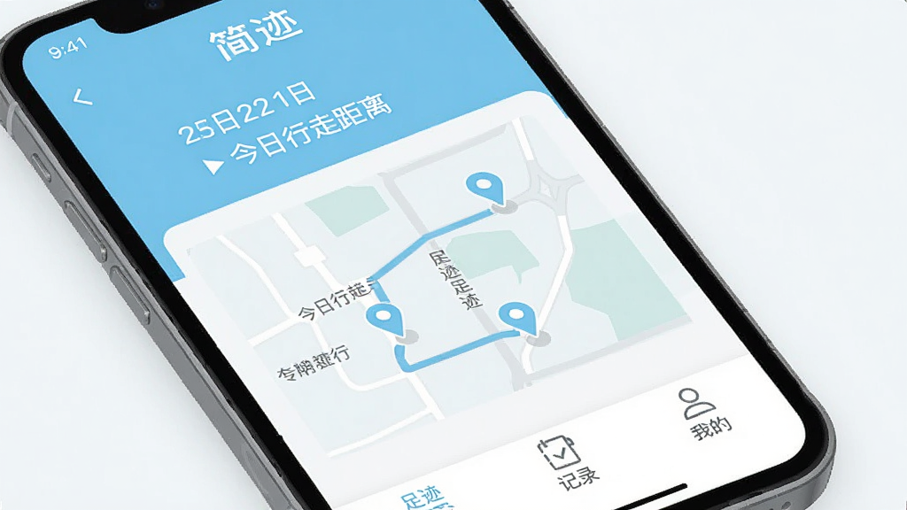 一张展示手机屏幕的图片,屏幕中显示“简足迹”App的主界面,界面以浅蓝色和白色为主色调,顶部显示日期和今日行走距离,中间是一张带有路径标记的简洁地图,底部有“足迹”、“记录”、“我的”三个图标按钮,整体风格现代简约,扁平化设计,画质干净清晰,无多余元素