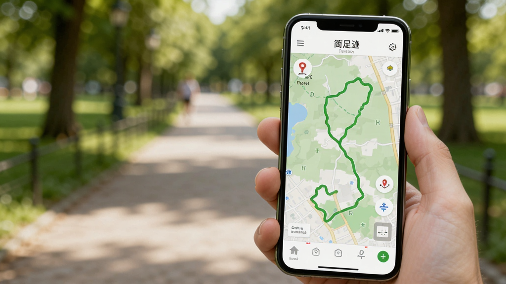 一张展示“简足迹”App在户外使用场景的图片,画面中一只手拿着手机,手机屏幕上显示着带有绿色轨迹线的离线地图,背景是模糊的公园小路和树木,强调App在无网络环境下的可用性,风格写实,画质清晰,重点突出手机屏幕内容