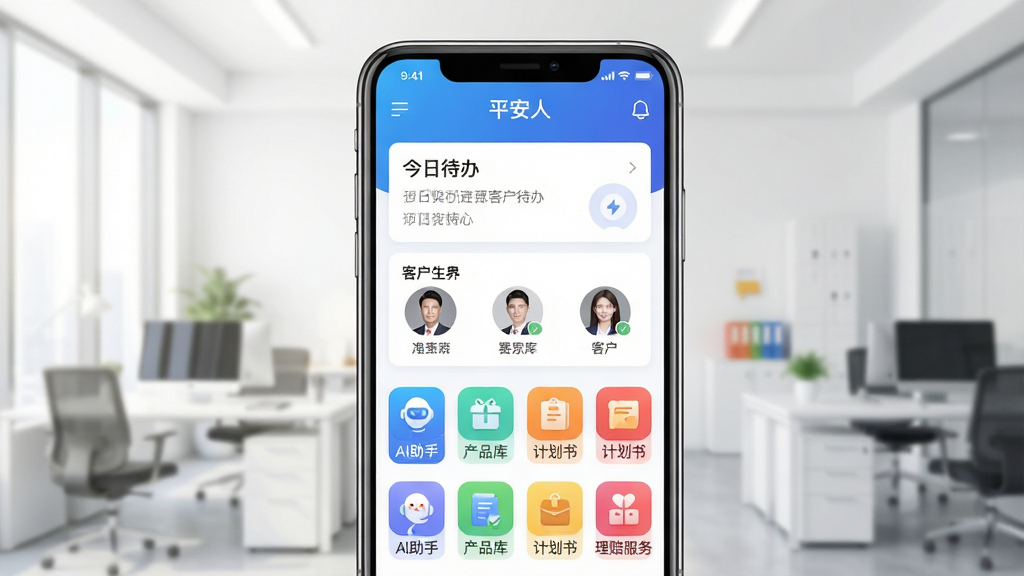 �ֻ���Ļ����չʾ�����������ǡ�ƽ���ˡ�APP�����棬��ɫ���䶥�����������м��ǽ��մ��쿨Ƭ�Ϳͻ�ͷ���б����·�������AI���֡���Ʒ�⡢�ƻ��顢��������ĸ���ɫ����ͼ�꣬�����Ǹɾ������İ칫���黯�������������ִ����񣬱�ƽ����ƣ�ϸ�����������ʸɾ����޶���Ԫ��