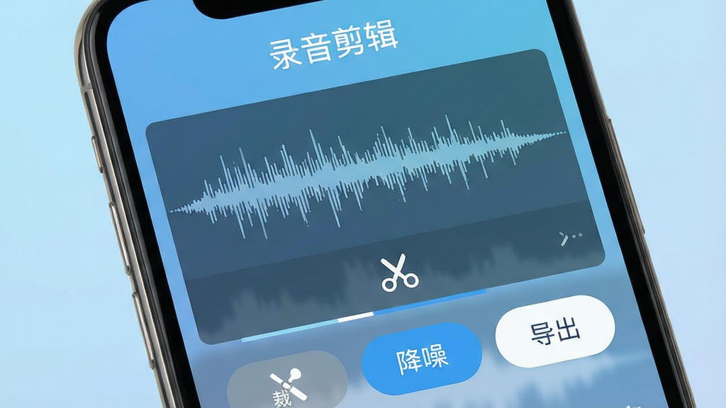 һ���ֻ���Ļ��д�����������ǡ�¼��������APP�������棬������ʾ�������ơ�¼�����������м�����Ƶ����ͼ�ͼ���ͼ�꣬�ײ��вü������롢����������ť��������ǳ��ɫ���䣬������ִ������ʸɾ��������޶���Ԫ��
