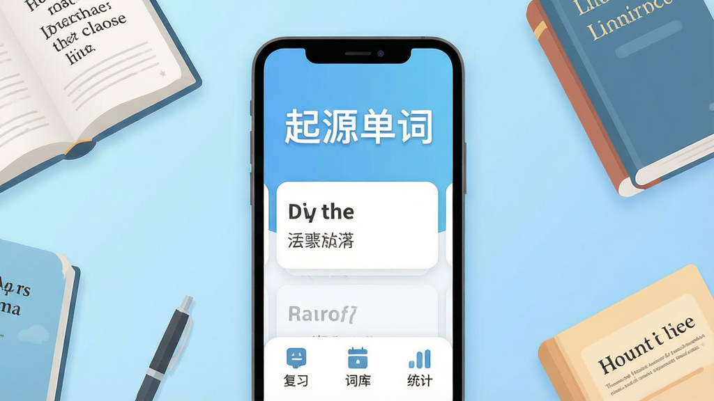 һ��չʾ����Դ���ʡ�App���Ľ�����ֻ���ͼ���ͼƬ�������������ֻ���Ļ����Ļ����ʾ����Դ���ʡ��ĸ�������ΪApp���ƣ��·��е��ʿ�Ƭ����չʾӢ�ĵ��ʺ��������壬�ײ��и�ϰ���ʿ⡢ͳ����������ͼ�꣬�ֻ���Χɢ�伸��Ӣ�����һ֧�ʣ�������ǳ��ɫ���䣬��������ˬ��࣬��ƽ����ƣ�ϸ��Բ�󣬻��ʸɾ��޶���Ԫ�أ��ʺ�Ӧ���̵�չʾͼ��