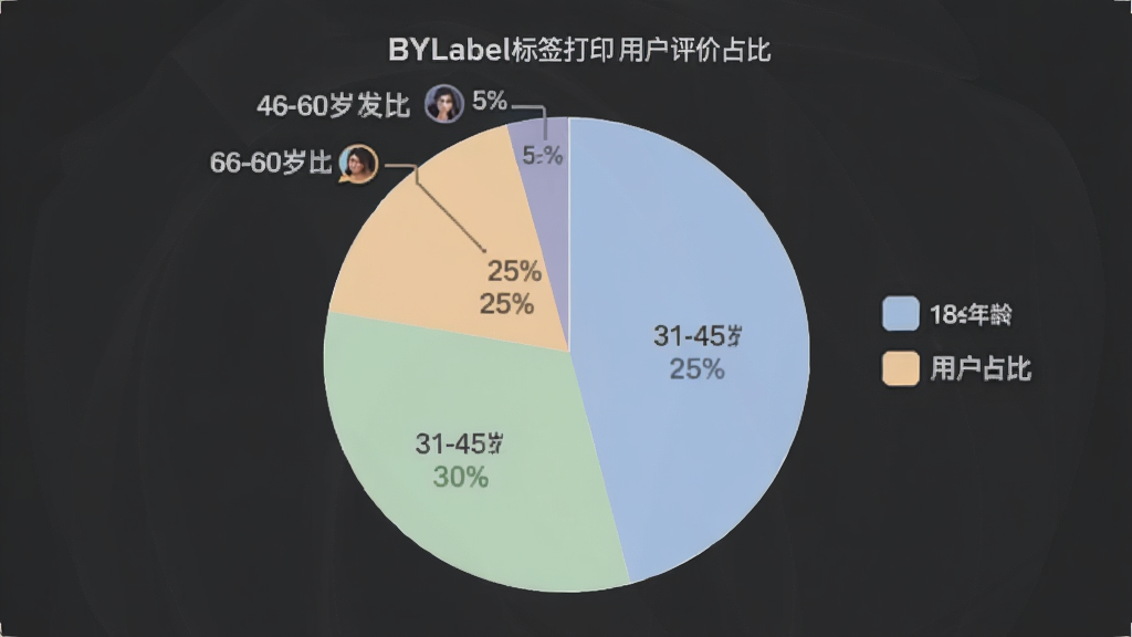 BYLabel��ǩ��ӡ �û���������ͼ��һ����״ͼ��ʾ��ͬ������û�ռ�ȣ�18-30��ռ25%��31-45��ռ40%��46-60��ռ30%��60������ռ5%��ͼ����ɫ��ͣ���������������࣬���ʸɾ����޶���Ԫ��