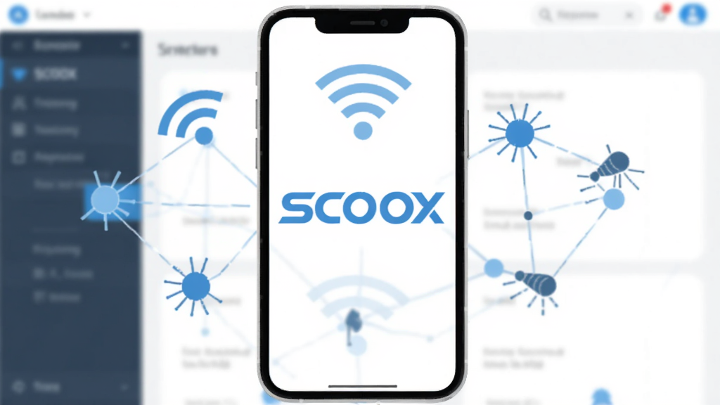 SCOOX����������ȫòչʾ���ֻ���Ļ������ʾ��Ŀ��SCOOX��־����Χ������WiFi�ź�ͼ�������ڵ㣬���岼�ּ������������ִ���ƽ����������ɫ�����ʸɾ��޶���Ԫ��