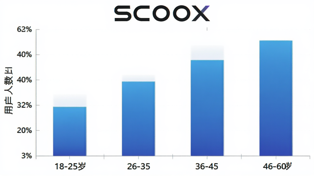 SCOOX�û�����ֲ���״ͼ������Ϊ�����18-25�ꡢ26-35�ꡢ36-45�ꡢ46-60�꣬����Ϊ�û�����ռ�ȣ���״ͼ��ɫΪ��ɫ���䣬SCOOX��־λ��ͼ���Ϸ�����������ݿ��ӻ������ʸɾ��޶���Ԫ��